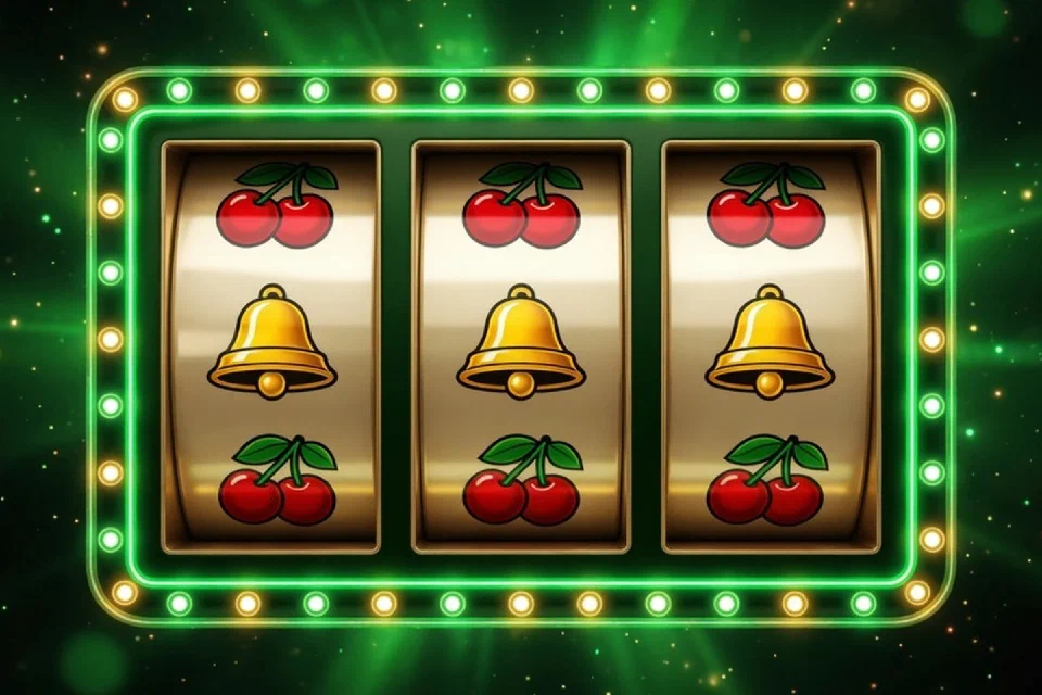 Gouden slotrollen met kersen en klokken in groen neonlicht