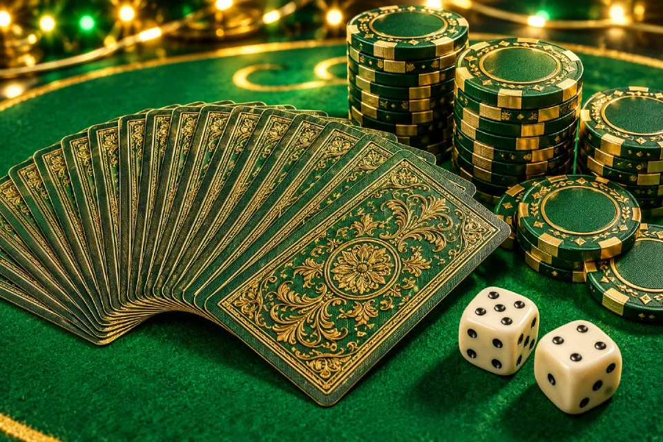 Speelkaarten, dobbelstenen en fiches op een groen speltafelkleed