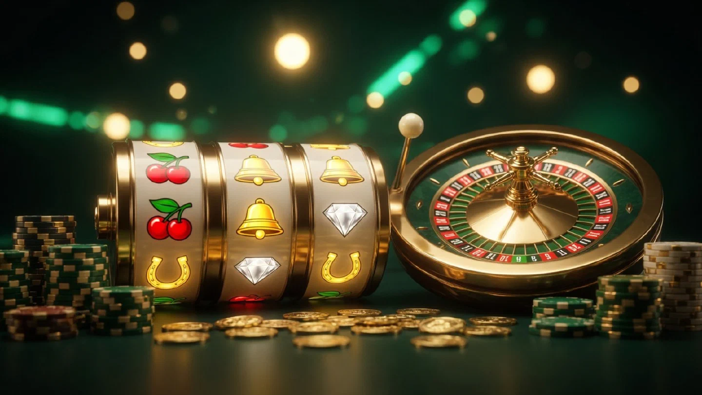 Gouden slotrollen en een draaiend roulettewiel in een groen verlicht casino